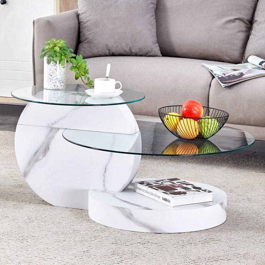 MUUOKY 35 Inch Double Layer Coffee Table Round - Tempered Glass Tabletop, White Coffee Tables With Imitation Marble Legs, Modern Practical Art Decor Design Table For Living Room & Bedroom, For Small Space Home Office, Cafe, Office, Set For Christmas Parties, Room Decor, Easy To Assemble, Christmas Decor, Christmas Decorations, Christmas Gifts, Christmas Home, Christmas Decor Home - 白色 - 查看 1
