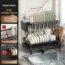 1 Kitchen Collapsible Dish Rack, Countertop Multi-Layer Dish Utensil Cup Drainer Rack, Dish Drying Rack For Kitchen Countertop, Double Layer Large Capacity Dish Drying Rack With Steel Drainer Plate, Dish Drying Rack With Drainer Shelf For Dish, Knives, Cups, Cutting Boards, Kitchen Supplies