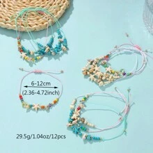 12pcs Ocean Beach Elements Starfish & Turquoise Beads Shells Braided Bracelets