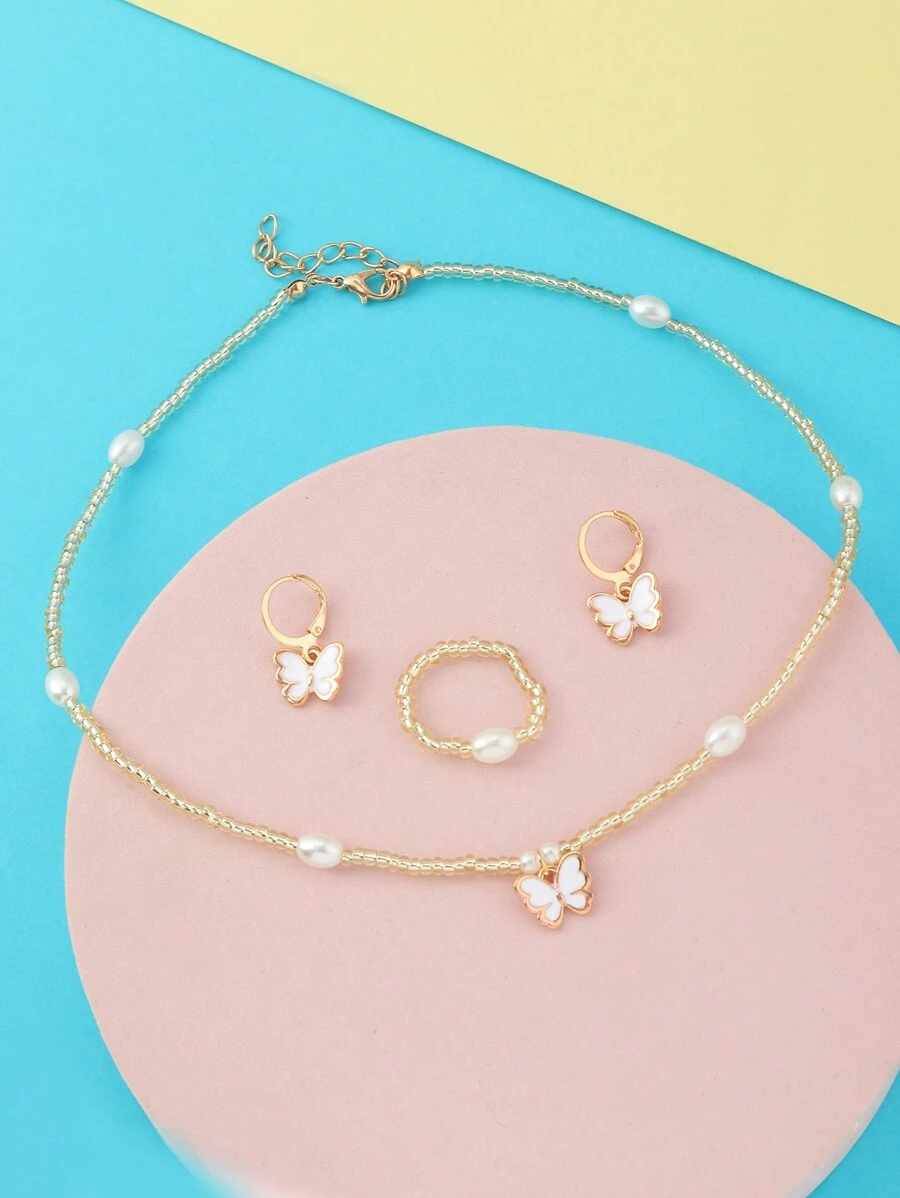 4pcs/Set Girls' Butterfly Beaded Necklace, Bracelet, Ring, Earrings Jewelry Set - Butterfly - View 1