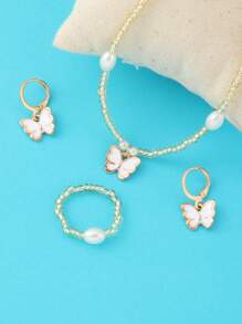 4pcs/Set Girls' Butterfly Beaded Necklace, Bracelet, Ring, Earrings Jewelry Set - Butterfly - View 3