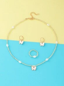 4pcs/Set Girls' Butterfly Beaded Necklace, Bracelet, Ring, Earrings Jewelry Set - Butterfly - View 4