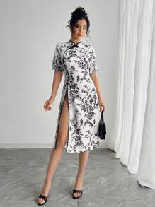 女式旗袍小立领复古印花开衩扣拉链短袖改良旗袍伞裙复古优雅风A字裙节日聚会服装 - 黑與白 - 查看 7