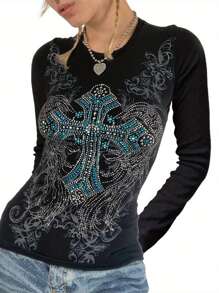 Womens Slim Blouse Round Neck Long Sleeve Cross Rhinestone Pattern Tops Clubwear For Spring Summer - Negro - Ver 1