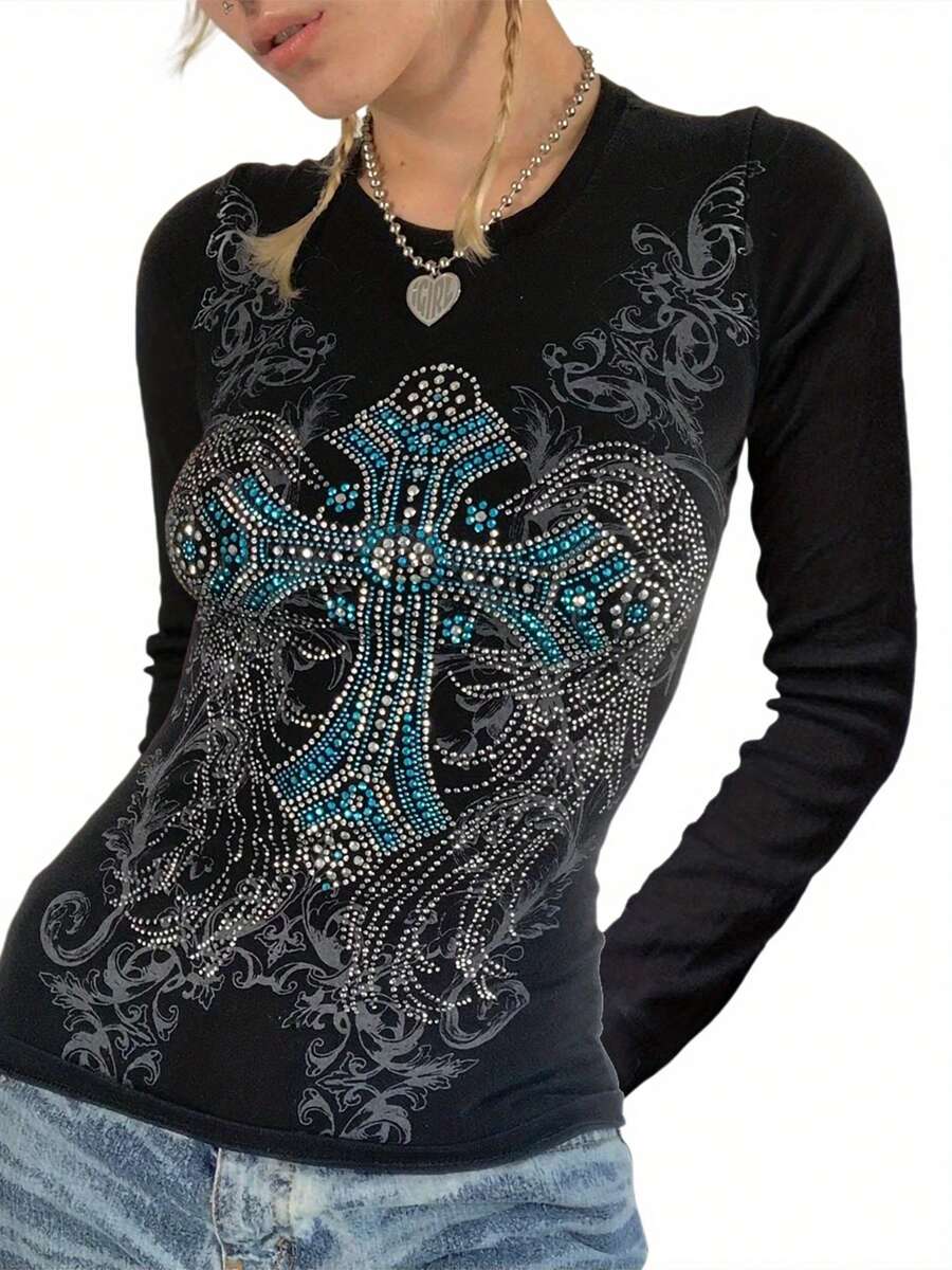 Womens Slim Blouse Round Neck Long Sleeve Cross Rhinestone Pattern Tops Clubwear For Spring Summer - Negro - Ver 1