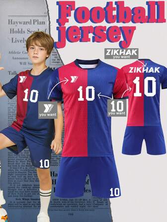 Anpassningsbart fotbollsset i Barcelona-stil för barn och ungdomar (8-12 år) - Personligt set med tröja och shorts med anpassningsbar logotyp, siffror och textinnehåll