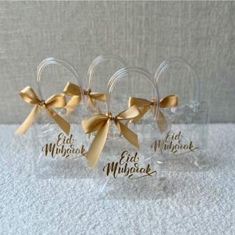 5Pcs  Mubarak Clear Gift Bags With Handle Ribbons Reusable Transparent PVC Bag For Islamic  Party Favor Decorations