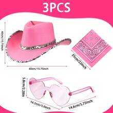 3Pcs/Set Holiday Party Brimmed Silvery Edge Cowboy Hat - With Transparent Heart Glasses, Square Scarf, And Single Party Cowboy Hat, Party Role Playing Decor Accessories Suitable For Men And Women, Holiday Party Supplies - Multicolor - View 14
