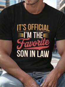 This Is A Print T-Shirt That Says 'I'M The Favorite Son In Law'.It Features A Casual Crew Neck, Short Sleeves, And Is Made From Comfortable Fabric.It'S A  Top Suitable For All Seasons, With A Slight Stretch And A Regular Fit - Black - View 2