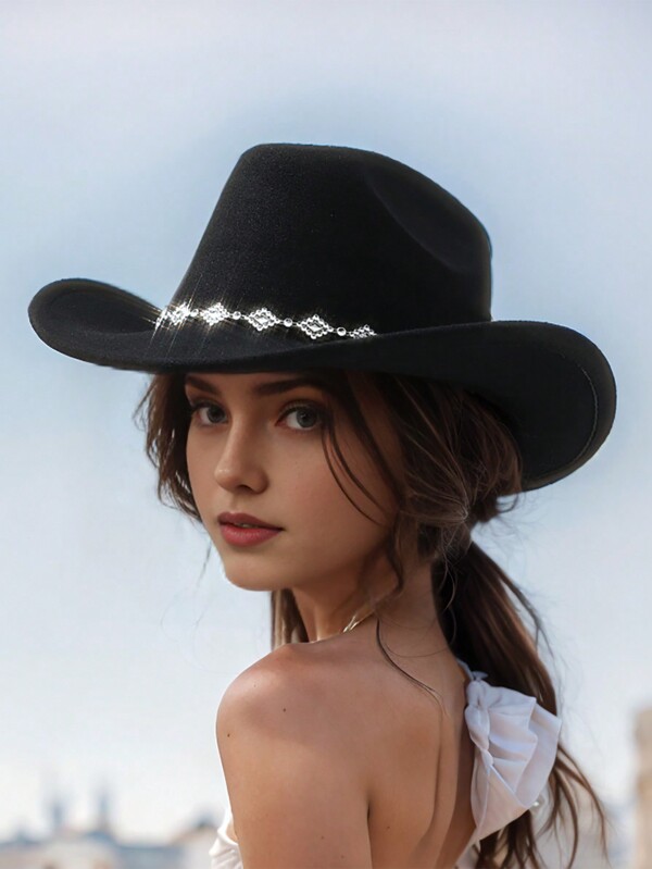 1pc Women's Solid Color Diamond Shaped Sequined Decoration Western Cowboy Hat, Elegant Casual Small Hat Suitable For Daily Use, Travel, Parties And Jazz Boho Cowboy Hat Cowgirl Hat Halloween