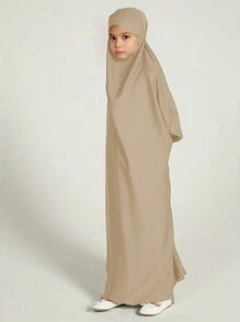 Muslim Tween Girl Girls Abaya Solid Long Kaftan Abaya Enfant Robe Dress Tween Girl Clothes For Gift(Non-Removable Turban) - Champagne - View 3