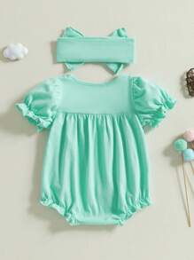 Conjunto de verano para niña, mono de color liso con cuello redondo y mangas cortas abullonadas y diadema, ropa para recién nacida - Verde - Ver 6