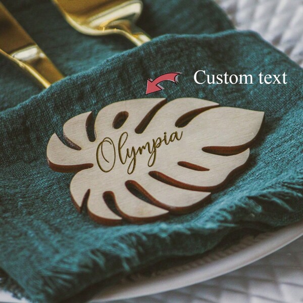 Cartões de lugar com nome de folha personalizados, etiquetas para bebidas, decorações personalizadas para festas, cartões de lugar de madeira, arranjos de mesa, decorações tropicais para assentos de mesa de casamento, lembrancinhas para chá de bebê