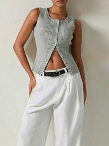 Women's Ribbed Knit Tank Tops Slim Solid Color Button Down Round Neck Sleeveless Shirt For Summer