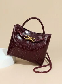 复古新款鳄鱼纹手提包，大容量轻便奢华斜挎单肩包，时尚百搭女士斜挎包，包包女士优雅 - 酒紅色 - 查看 8