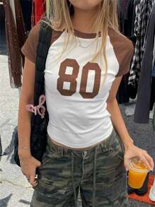 Women's Summer Tops Striped Raglan Sleeve Round Neck Letter Print T-Shirts Street Blouses - Brown - View 5