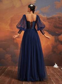 VIPGIRL 梦幻海军蓝泡泡袖露肩高开叉薄纱舞会礼服、公主风长裙、女士优雅派对礼服、女士舞会礼服、正式晚礼服、紧身胸衣、婚礼宾客礼服、毕业礼服 - 藏蓝色 - 查看 3