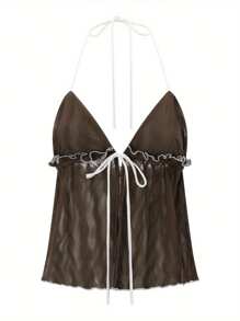 Women's Split Front Halter Tops Ruffle Detailing Backless Slim Fitted Crop Camisole