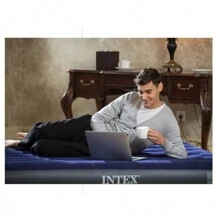 Striped Dark Blue Flocking Inflatable Mattress Portable Lunch Break Folding Inflatable Air Mattress Air Mattress, Suitable For Outdoor Courtyard Camping Picnic Indoor Office Living Room - Dark Blue - View 4