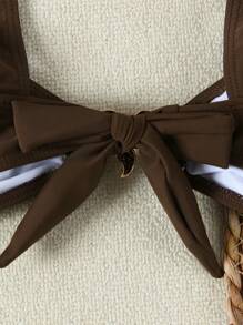 新款女士性感休闲卡其色宽肩带海星装饰比基尼套装，适合海滩、度假、派对、约会等夏季场合。 - 卡其色 - 查看 5