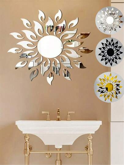 27pcs Acrylic 3D Mirror Effect Sun Wall Stickers, 11cm Central Circle, Removable, Reflective, Suitable For Living Room, Bedroom, Hallway Wall Decor