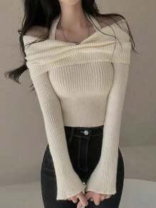 露肩长袖上衣，小众设计修身短款高领套头衫 - 杏色 - 查看 3