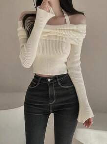 露肩长袖上衣，小众设计修身短款高领套头衫 - 杏色 - 查看 4