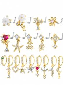 1/9/18 Pcs Heart & Flower L-Shaped 18K Gold Plated Copper Zirconia Nose Stud/Hoop Nose Rings, Suitable For Women's Daily Wear And Gift - Multicolor - View 16
