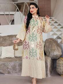 Elegant Embroidered Beaded Abaya Dress, V-Neck, Luxurious Design, Suitable For Saudi National Day, Latest 2025 Collection