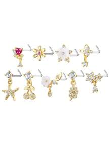 1/9/18 Pcs Heart & Flower L-Shaped 18K Gold Plated Copper Zirconia Nose Stud/Hoop Nose Rings, Suitable For Women's Daily Wear And Gift - Multicolor - View 18