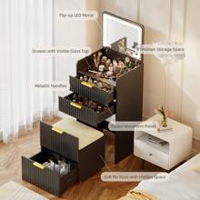 HNEBC 3 In 1 Small Vanity Desk With Plip Top Mirror,Makeup Vanity Set With Visible Glass Desktop,Compact Vanity With 3 Drawers,Storage Compartment And Padded Stool,Dressing Table For Bedroom,White - 黑色 - 查看 2