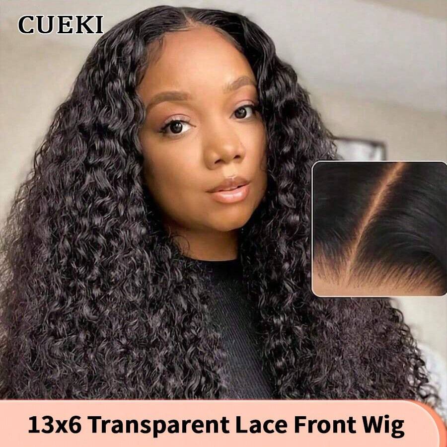 Tóc giả ren phía trước CUEKI 13x6 Water Curly HD trong suốt 34 inch 150% mật độ tự nhiên màu đen 13x6 Water Wave Lace Front Wigs Tóc người 150% mật độ dành cho phụ nữ có tóc con - Tự nhiên & Đen - Xem 1