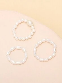 3pcs/Set Handmade Pearl Bead Rings, Versatile Sweet Minimalist Design, Best Gift Choice Suitable For Any Occasion - White - View 7