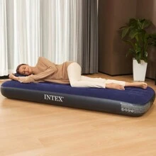Striped Dark Blue Flocking Inflatable Mattress Portable Lunch Break Folding Inflatable Air Mattress Air Mattress, Suitable For Outdoor Courtyard Camping Picnic Indoor Office Living Room - Dark Blue - View 2
