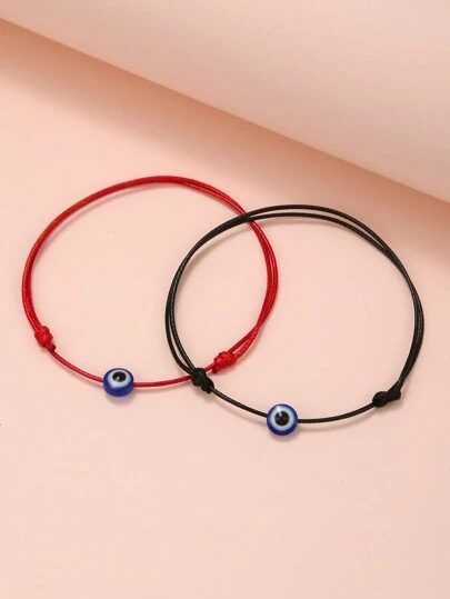 1 套 2 条 Evil Eye Accessories 手工编织手链，可调节友谊手链，适合男孩、女孩、日常佩戴或赠送朋友