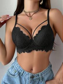 Pfirsich Mädchen schwarze Spitze sexy Damen Dessous, Unterstützender BH, bequem und stilvoll, geeignet für den täglichen Gebrauch - Schwarz - Übersicht 2