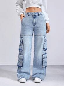 Damskie luźne jeansy cargo z kieszeniami 079