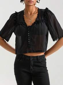 Women Short Sleeve Shirts Lace Ruffles Buttons Blouses Summer Loose Casual Tops - Black - View 3