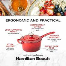 Hamilton Beach Enameled Cast Iron Sauce Pan 2-Quart Red, Cream Enamel Coating, Pot For Stove Top And Oven Cooking, Even Heat Distribution, Safe Up To 400 Degrees, Durable - Red - View 5