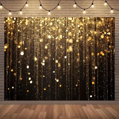 A Shiny Golden Curtain With A Black Background Paired With Golden Rain, Sparkling Lights And Sparks, A Multifunctional Polyester Background Fabric Suitable For Luxury Parties And Award Ceremonies, Holiday Party Banners, No Need For Power.