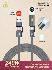 D8 240W 3-In-1 Portable Charging Cable ,High-Lighted LED Night Lamp A Light Feature For Illumination. ,USB C Charger Cable Fast Charge - Grey - View 2