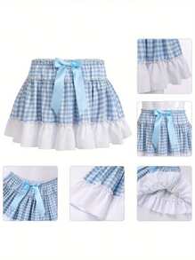 Women Summer Mini Skirts Casual Plaid Print Ruffled A-Line Skirt For Beach Vacation Club Streetwear Aesthetic Clothes - 藍色 - 查看 4