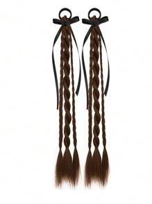 2 件女孩儿童合成头发自然辫子马尾假发带橡皮筋自然时尚芭蕾风格假发辫子发饰，蝴蝶结装饰扭辫马尾假发，