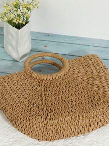 Women's Beach Bag With Hand Ring, Removable Handle, Large Half-Moon Straw Bag, Fabric Lining, Drawstring Closure - Khaki - View 5