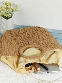 Women's Beach Bag With Hand Ring, Removable Handle, Large Half-Moon Straw Bag, Fabric Lining, Drawstring Closure - Khaki - View 3