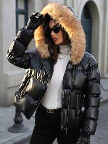 仿毛皮领休闲连帽羽绒服，冬季时尚黑色 - 黑色 - 查看 2
