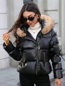 仿毛皮领休闲连帽羽绒服，冬季时尚黑色 - 黑色 - 查看 5