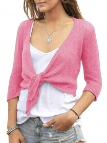 Women's Tie Front Shrug 3/4 Sleeve Bolero Sheer Knotted Lightweight Cardigan Sweaters Short Shawl Tops Christmas Gift & New Year Gift - 粉色 - 查看 3