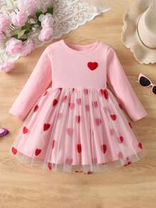 Young Girl Heart Embroidered Mesh Patchwork Dress - Pink - View 2