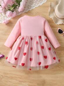 Young Girl Heart Embroidered Mesh Patchwork Dress - Pink - View 3